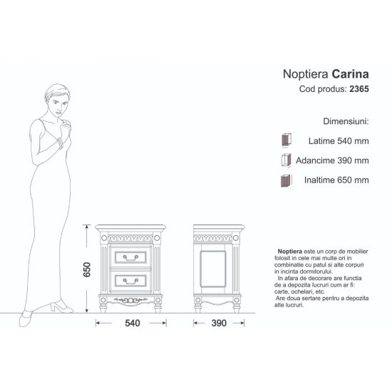 Noptiere din lemn masiv, Noptieră lemn masiv, maro/alb, 2 sertare, Carina