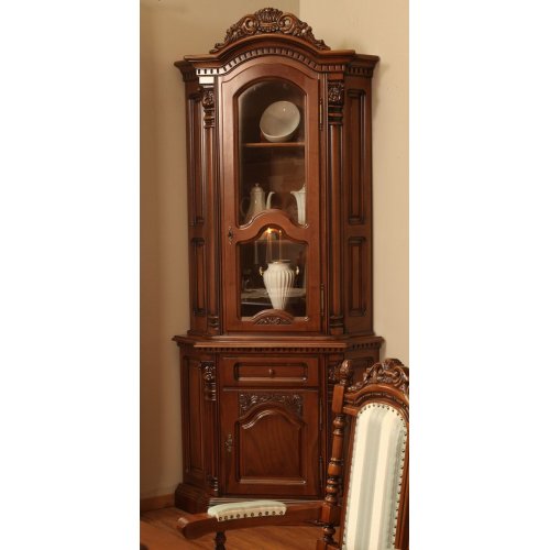 Cristina, Bufet Vitrină colț lemn masiv, maro/alb, inserții ornamentale, Cristina, mobilasimex.ro