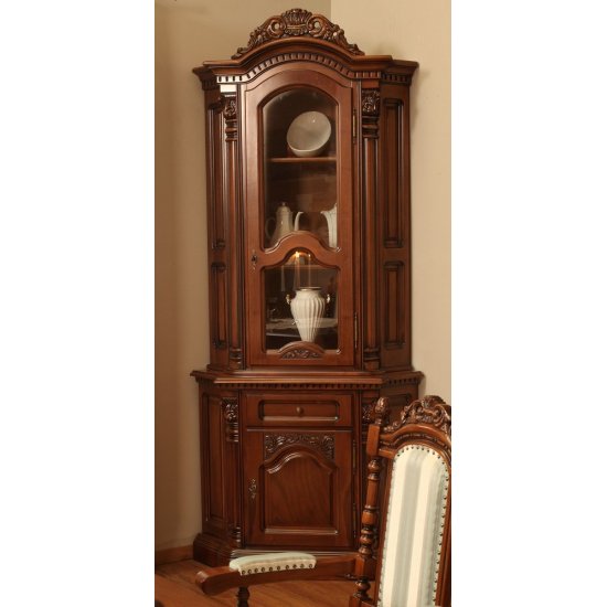 Bufete din Lemn Masiv, Bufet Vitrină colț lemn masiv, maro/alb, inserții ornamentale, Cristina