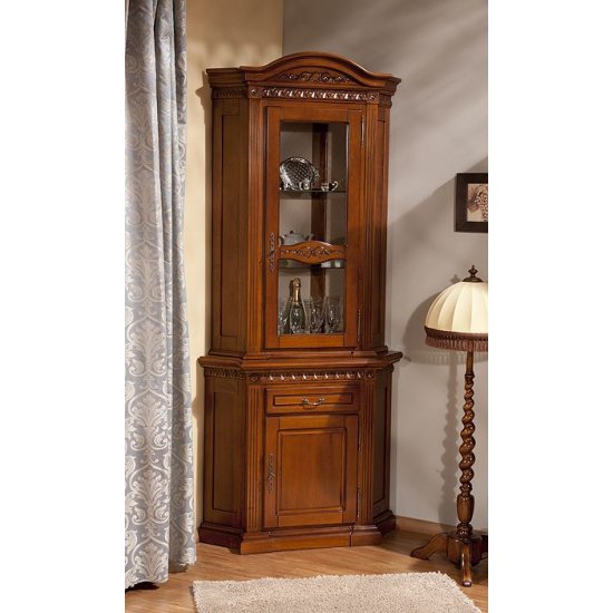 Bufete din Lemn Masiv, Bufet Vitrina colț lemn masiv, maro/alb, 1 ușă, 1 sertar, Veneția