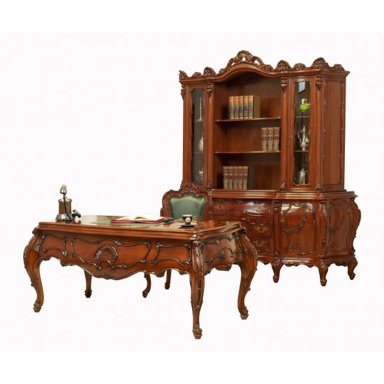 Biblioteci din lemn masiv, Bibliotecă lemn masiv, maro/alb, 4 uși, 3 sertare, Cleopatra Lux