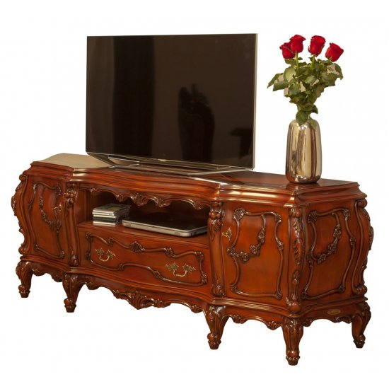 Bufete din Lemn Masiv, Bufet tv plasmă lemn masiv, maro/alb, inserții ornamentale, Cleopatra Lux