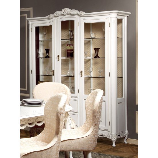 Cristaliere din Lemn Masiv, Cristalier lemn masiv, alb, 3 uși, Flora