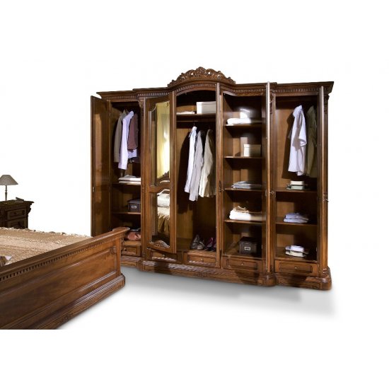 Dulapuri din lemn masiv, Dulap lemn masiv, maro/alb, 5 uși, ornamente manuale, Cristina