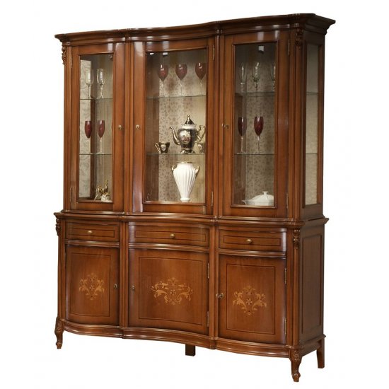 Bufete din Lemn Masiv, Bufet  Vitrină lemn masiv, maro/alb, 3 uși, Firenze