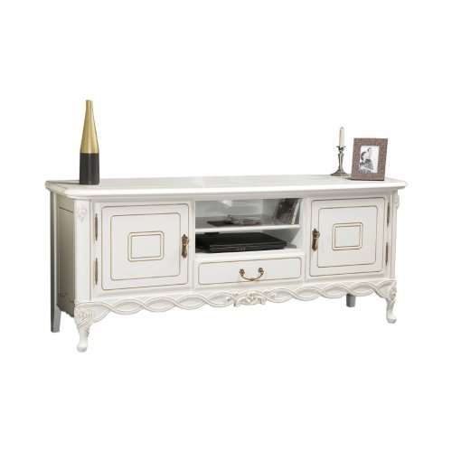 Flora, Bufet tv plasmă lemn masiv, alb, 3 uși, 2 sertare, Flora, mobilasimex.ro