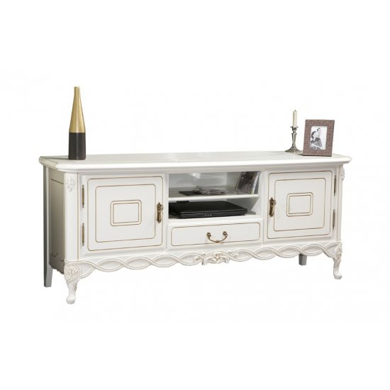 Bufete din Lemn Masiv, Bufet tv plasmă lemn masiv, alb, 3 uși, 2 sertare, Flora