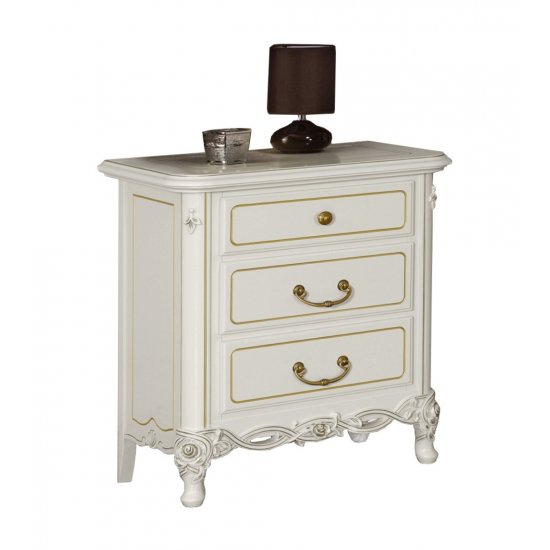 Noptiere din lemn masiv, Noptieră lemn masiv, alb, 3 sertare, Flora