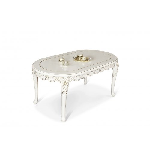 Masa lemn masiv – Pentru momente unice alături de cei dragi, Măsuță lemn masiv, alb, inserții ornamentale, Flora, mobilasimex.ro