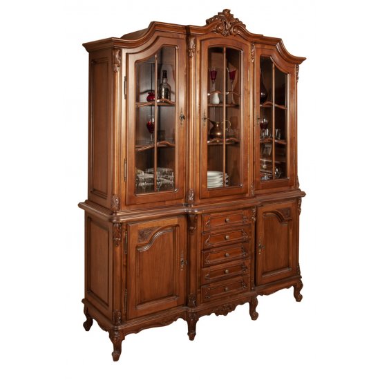 Bufete din Lemn Masiv, Bufet vitrină lemn masiv, maro/alb, 3 uși, Royal