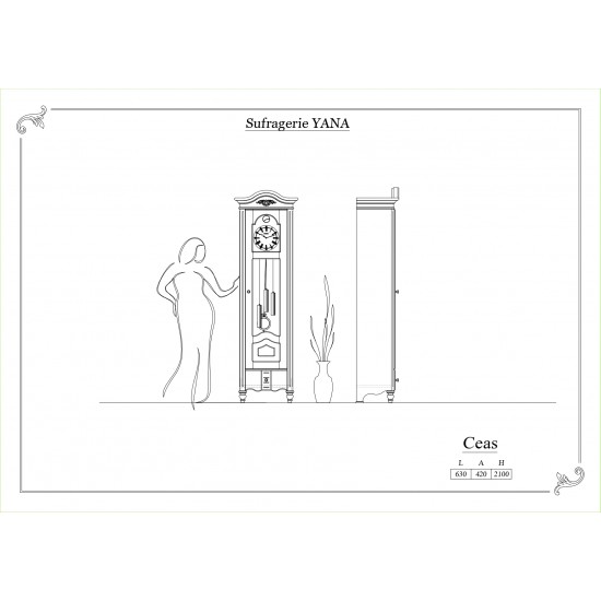 Vitrină cu ceas cu pendul, lemn masiv, alb, 1 ușa, 1 sertar, Yana
